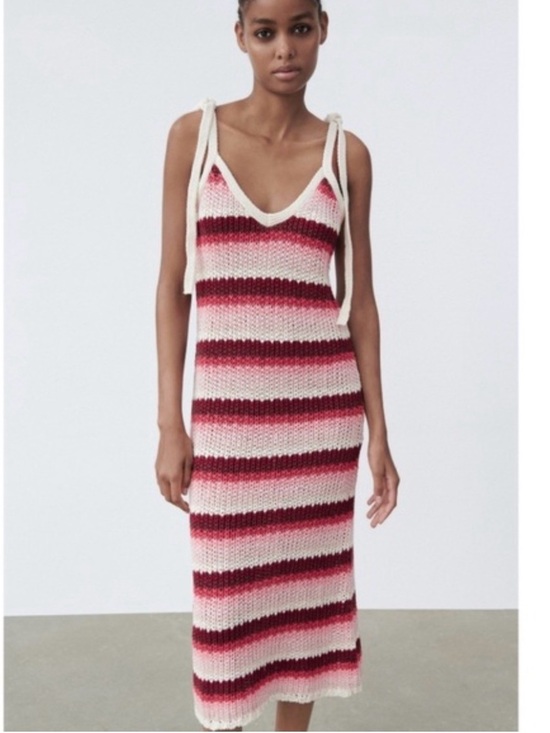 Zara Dresses & Skirts - ZARA CROCHET KNIT striped midi burgundy cream dress coastal